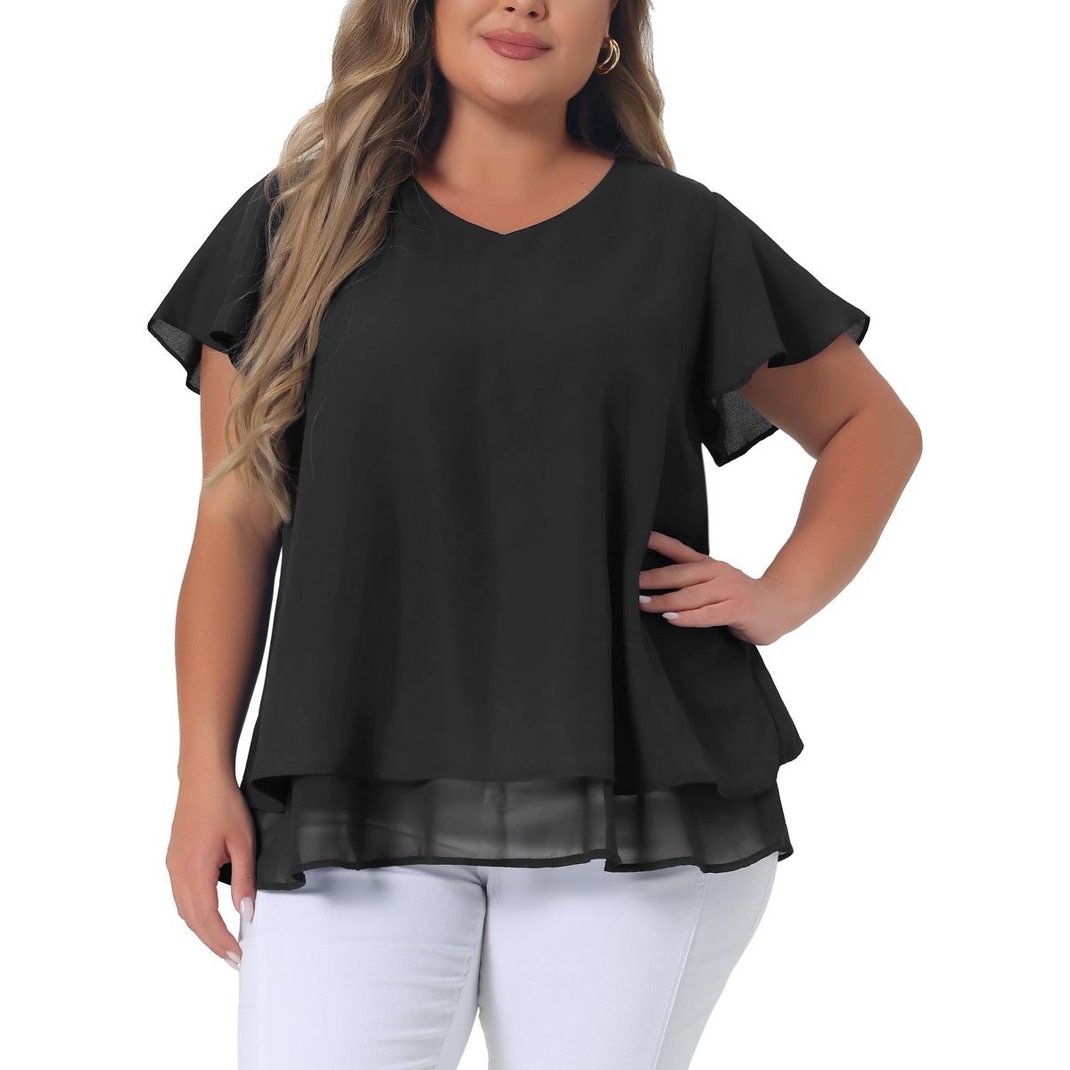 Women's Plus Size Chiffon Double Layers Short Flare Sleeve V Neck Casual Summer Blouses - Agnes Orinda