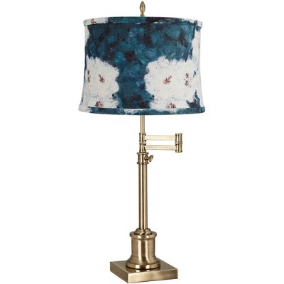 360 Lighting Westbury 36" Tall Skinny Large Traditional End Table Lamp Swing Arm Gold Antique Brass Finish Single Blue and White Shade Living Room