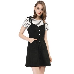 Allegra K Women's Strap Button Down Faux Suede A-Line Mini Overall Dress - 1 of 4