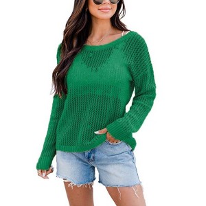 Women's Crochet Tops Long Sleeve Hollow Out Beach Summer Sweater Boho Knit Coverup - 1 of 1