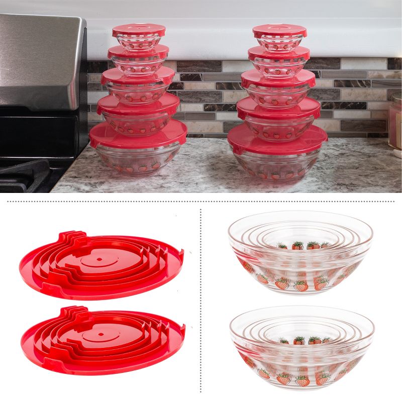 Classic Cuisine 20-Piece Strawberry Design Glass Bowls with Lids Set, 2 of 7