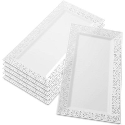 Silver Spoons Elegant Lace Plastic Serving Trays, Disposable Plastic Trays and Platters for Party, 14” x 7.5”, (6 PC)