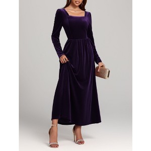 Womens Velvet Midi Dress Slim Square Neck Long Sleeve Solid Color High Waist Dress Flowy Cocktail - 1 of 4