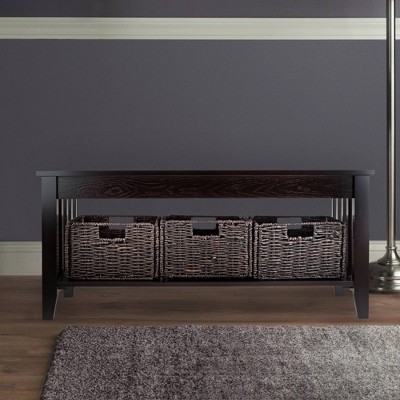 Espresso Brown Rectangular Wood Coffee Table with Storage Baskets