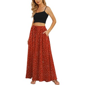 Women's Flowy High-Waist Maxi Skirt - Summer Pleated Long Skirt with Pockets Polka Dots Red - 1 of 4