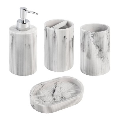 KRALIX 4pc Marble Resin marble effect Bath Accessory Set White: Includes Tumbler, Dispenser, Dish, Holder