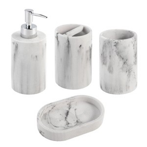 KRALIX 4pc Marble Resin marble effect Bath Accessory Set White: Includes Tumbler, Dispenser, Dish, Holder - 1 of 4