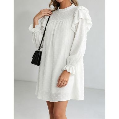 chiffon shift dress with sleeves Women Swiss Dot Ruffle Long Sleeve Mini Frilled Neck Loose Dress, White, M Size:Large 16.5