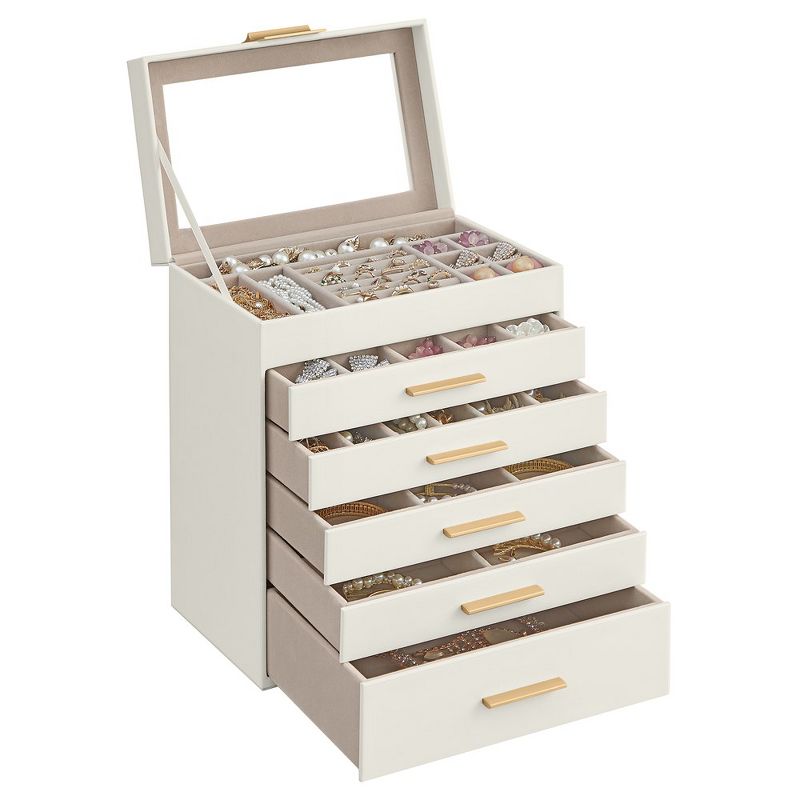 SONGMICS Jewelry Box Jewelry Storage with Glass Lid, 6-Layer Jewelry Organizer, 5 Drawers, Cloud White and Gold Color, 1 of 8