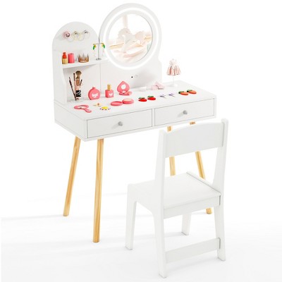 Tangkula Kids Vanity Set w/ Lighted Mirror Princess Makeup Dressing Desk & Chair Set White