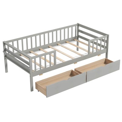 Safstar Twin Size Kids Bed w/Storage 2 Pull-out Drawers Side Shelf for Children & Teens