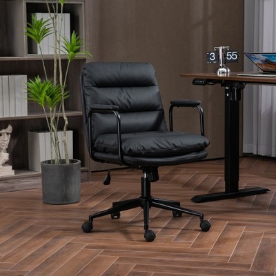 Mid Back Office Chair, Swivel Task Chair With Wheels, PU Leather Computer Rolling Swivel Chair, Recline 40° Backrest Ergonomic Armrests