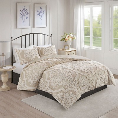 NicBex 3 Pcs Tufted Cotton Chenille Damask Comforter Set Cozy Bedding Set, Duvet Cover Set, Machine Washable
