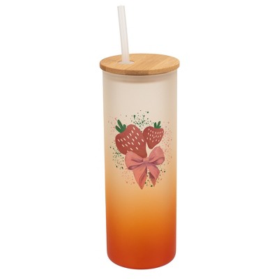 Elanze Designs 25 Ounce Frosted Glass Gradient Travel Tumbler With Straw and Wooden Lid, Strawberry Orange