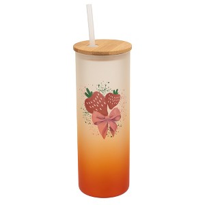 Elanze Designs 25 Ounce Frosted Glass Gradient Travel Tumbler With Straw and Wooden Lid, Strawberry Orange - 1 of 1