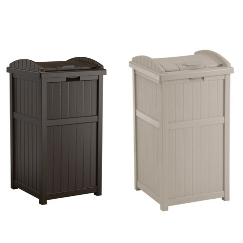 Suncast Trash Hideaway Outdoor Patio 33 Gallon Trash Can Bin, 1 Java and 1  Taupe