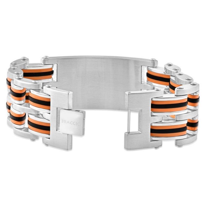 Pompeii3 Men's Steel Brushed Orange And Black Three Tone 24mm Link Flexible 8 " Bracelet, 2 of 4