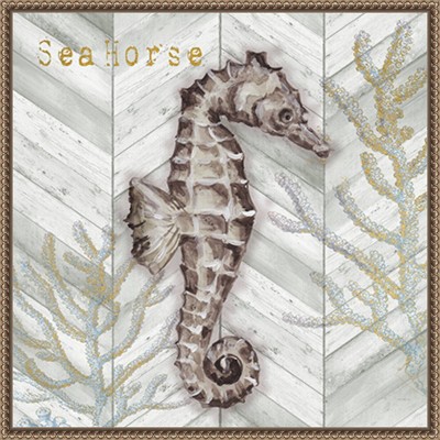 Gray Gold Chevron Seahorse Canvas Wall Art with Bronze Frame