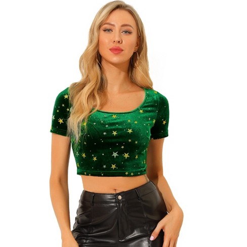 Allegra K Women's Sequin Shiny Glitter Crop Short Sleeves Tassel T-shirt  Green Small : Target