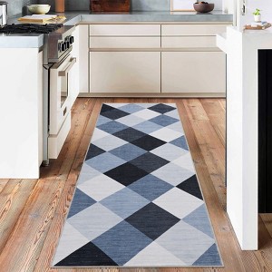 WhizMax Machine Washable Plaid Checkered Design Non-Slip Runner Rug Modern Abstract Geometric Print Carpet Traditional Area Rug,2x6,Navy and White - 1 of 4