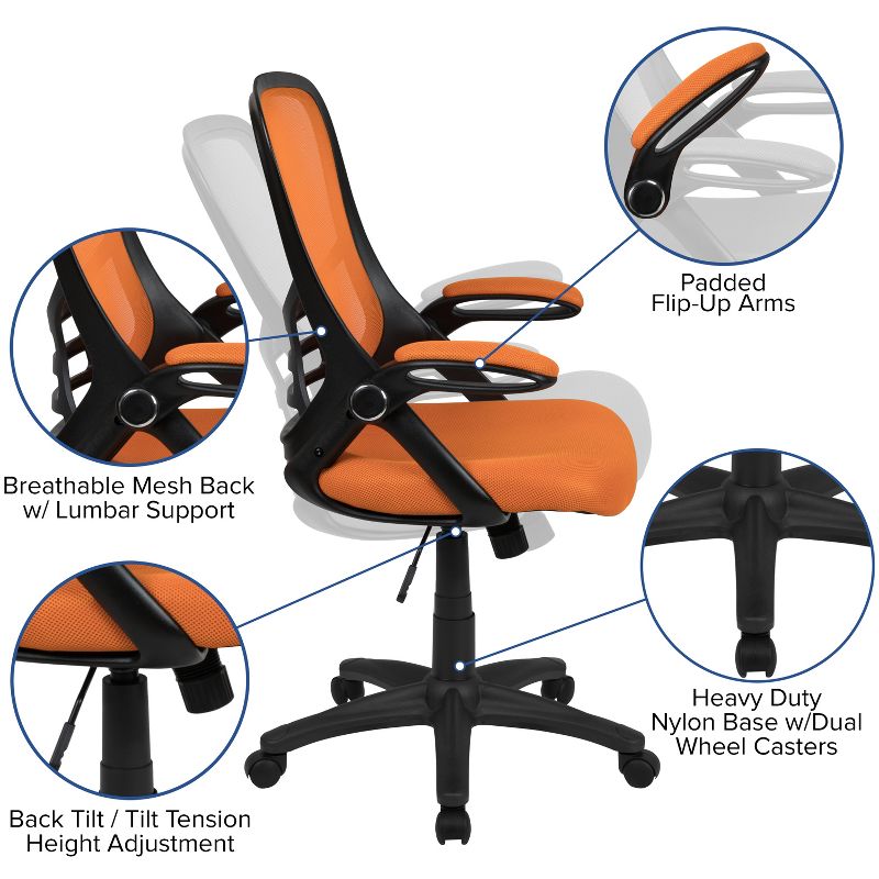 Emma and Oliver High Back Orange Mesh Ergonomic Office Chair with Black Frame and Flip-up Arms, 6 of 16
