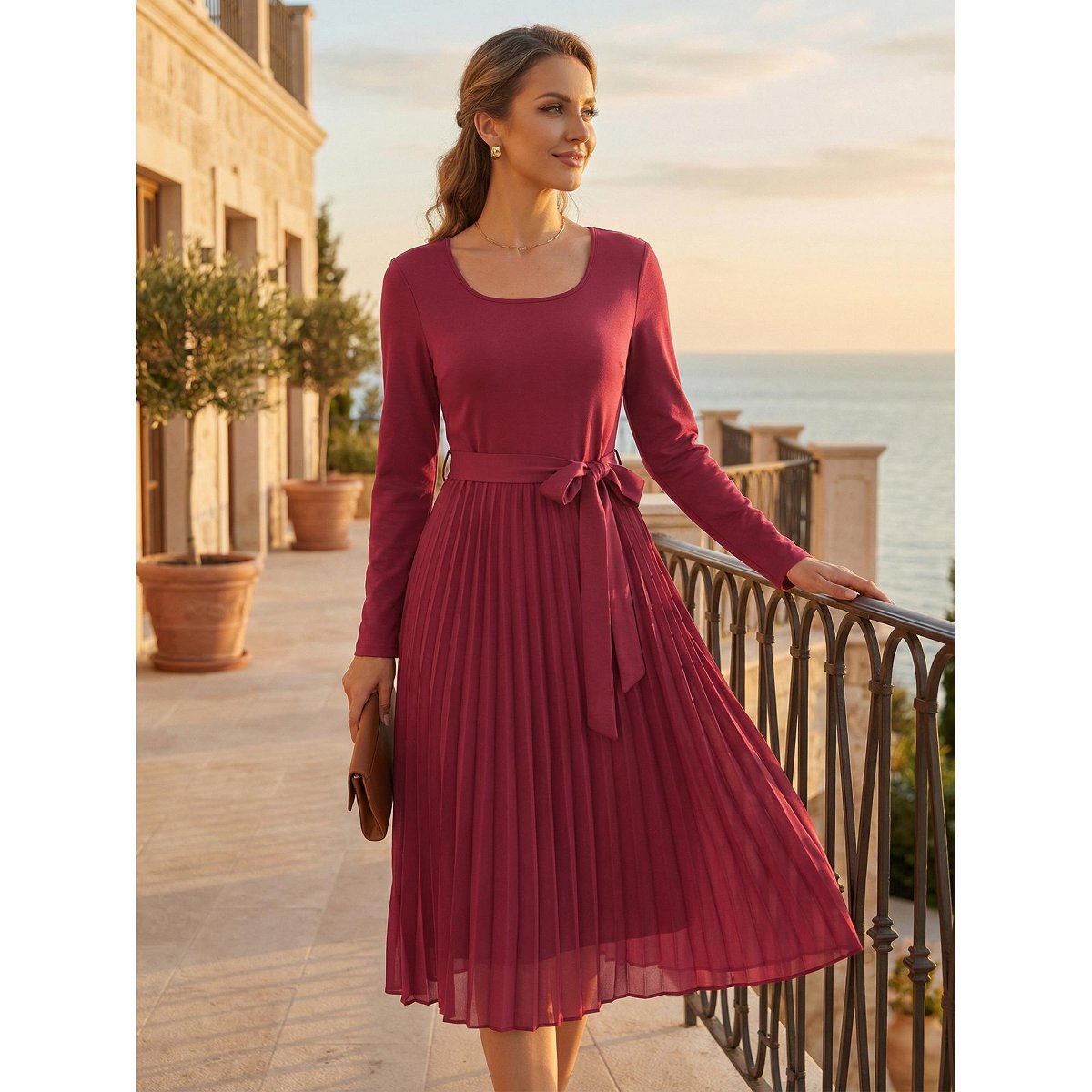 Женские платья INSPIRE CHIC Women's Flowy Long Sleeve Crew Belted Pleated Casual A Line Midi Dresses Wine Red Small — фото 2