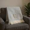 HomeRoots 55" X 70" Gray And White Herringbone Cotton Blend E Initial Throw Blanket with Tassels And Embroidery - 2 of 4