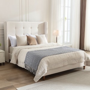 KIGFTSOD Traditional Hand Buttoned Tufting Upholstered Bed with 54" High Headboard and Nailhead Trim Wingback - 1 of 4