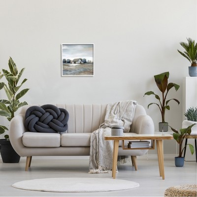 Countryside Barn Neutral Tones Landscape Canvas Print in White Frame