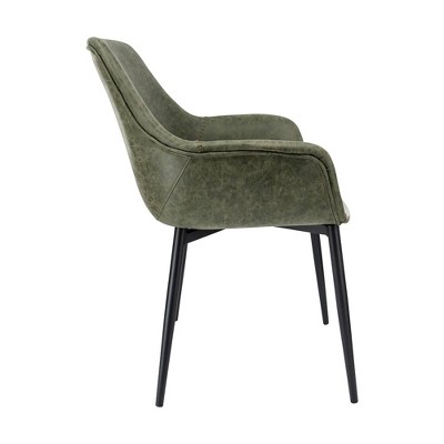 Olive Green Leather Upholstered Arm Chair with Metal Legs