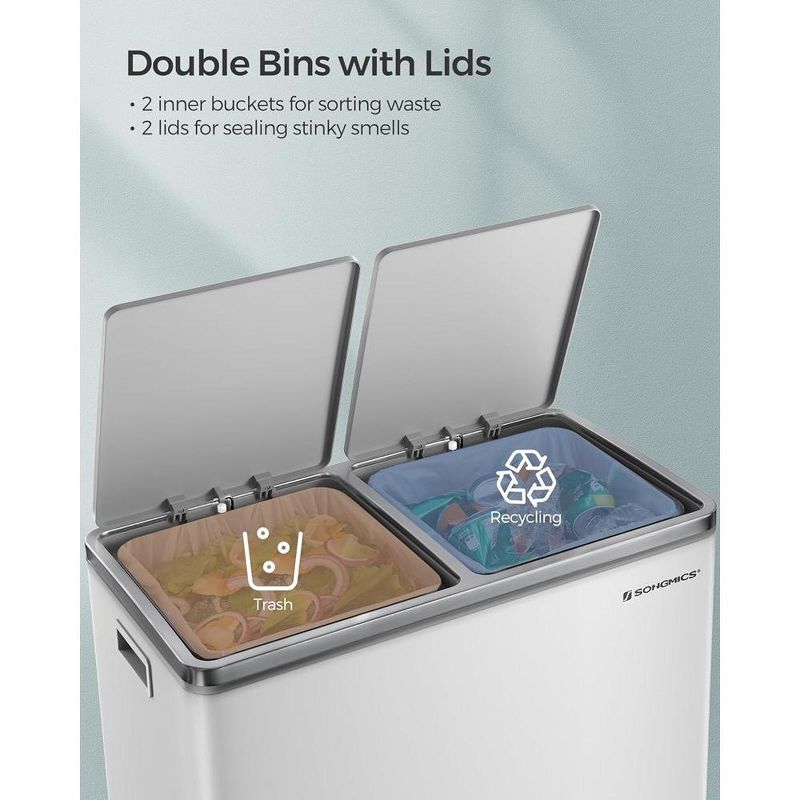 SONGMICS Dual Trash Can, 16 Gal (60L) Rubbish Bin and 15 Trash Bags, Metal Step Bin, with Dual Compartments, Airtight, 5 of 8