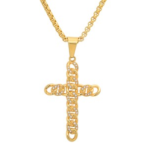 Steeltime 24" Men's 18k gold plated stainless steel and simulated diamonds cross pendant - 1 of 4