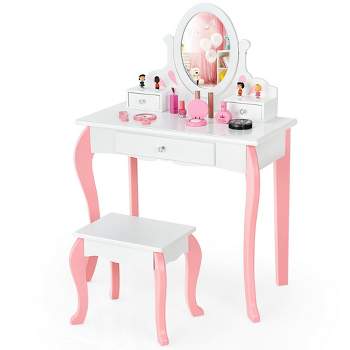 Costway Kids Vanity Princess Makeup Dressing Table Stool Set W/ Mirror Drawer