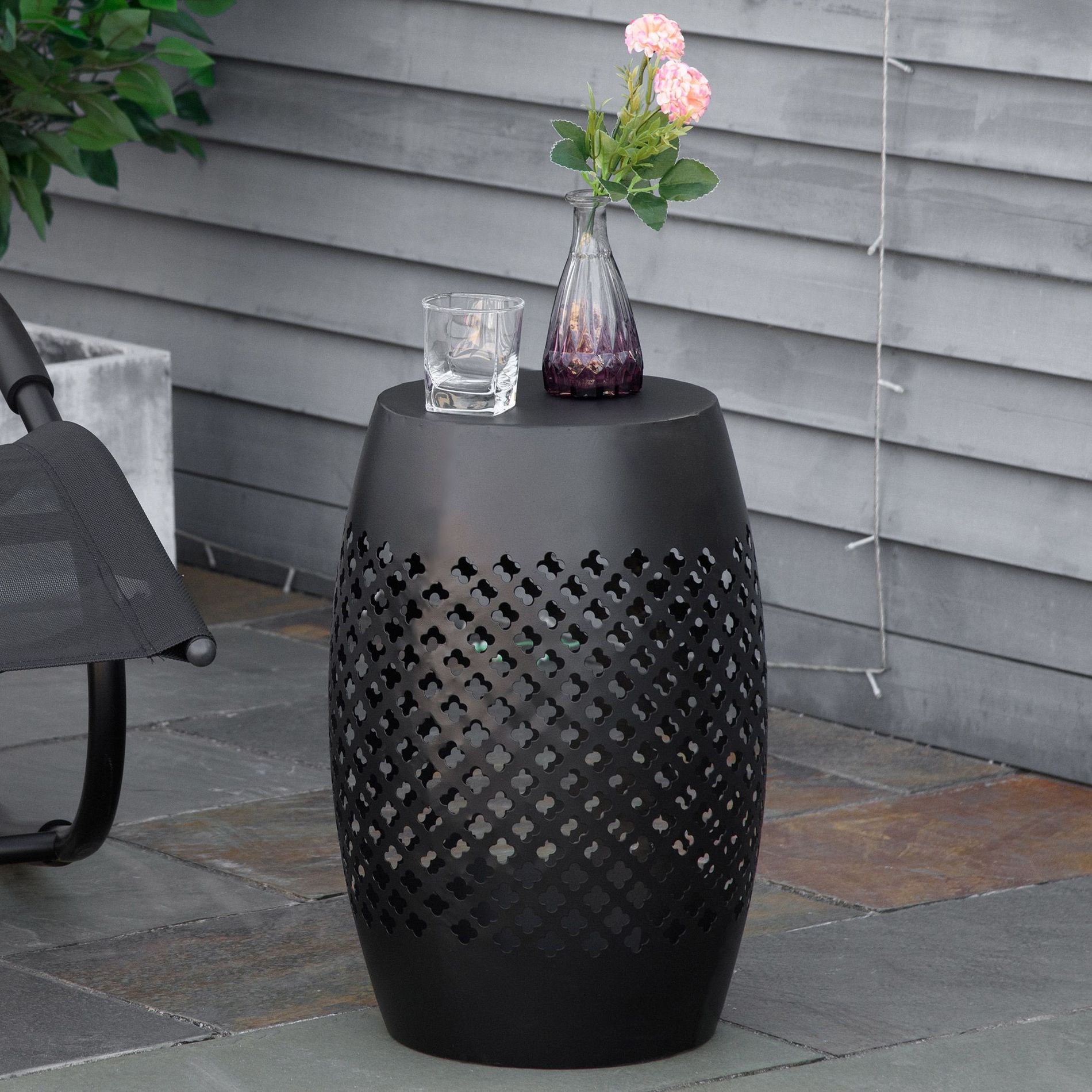 CAVINAS 12.5" Steel Patio End Table,Bohemian Drum-Style Outdoor Side Table,Round Hollow Accent Table for Indoor/Outdoor Use,Black