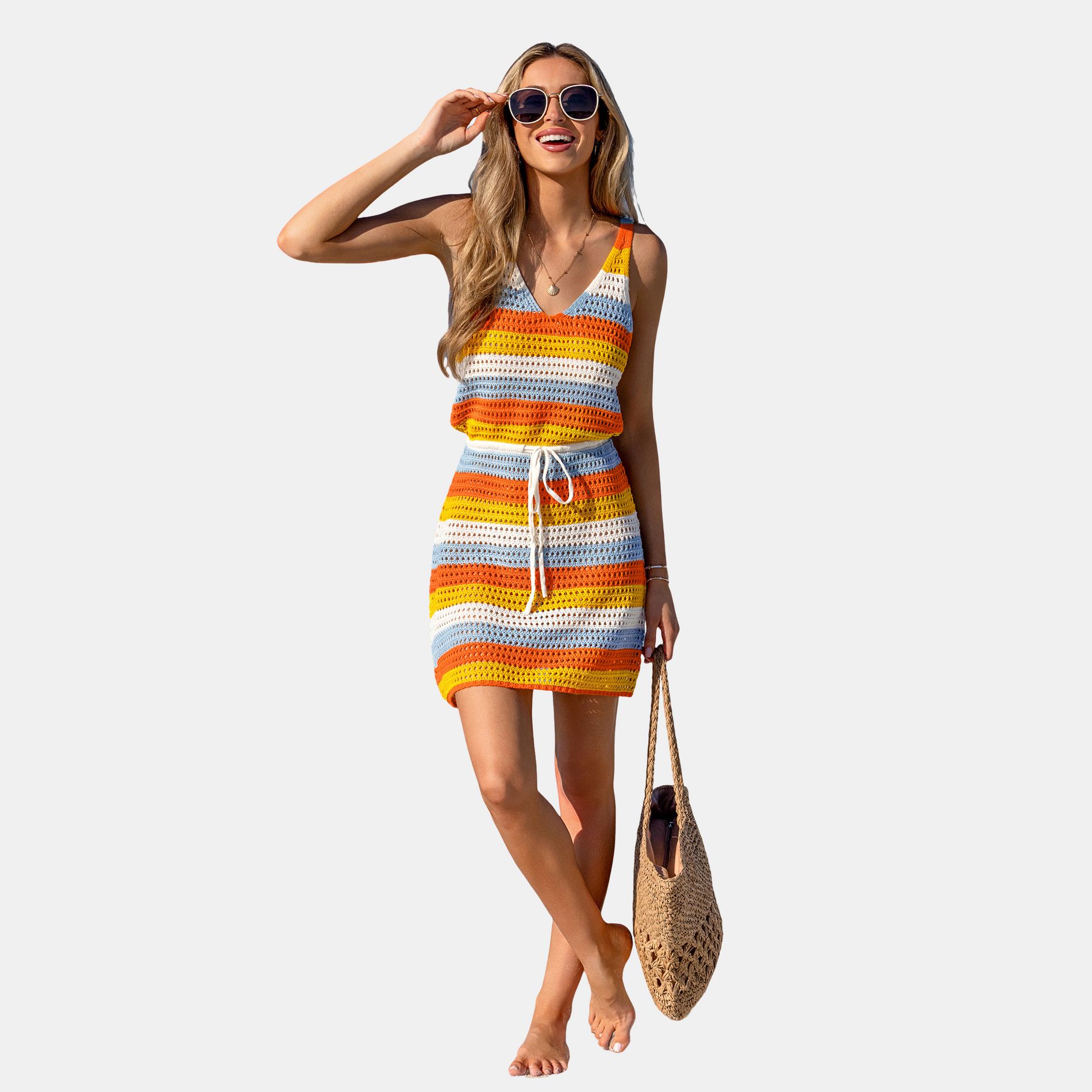 Women's Vibrant Crochet Striped Beach Cover Up Dress - Cupshe