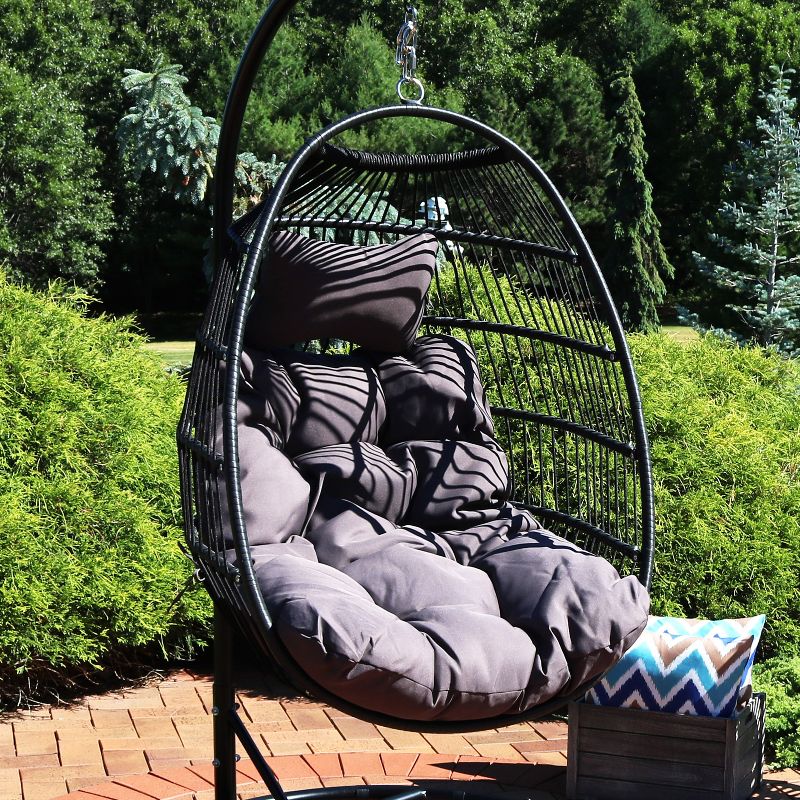 Sunnydaze Outdoor Resin Wicker Julia Hanging Basket Egg Chair Swing with Cushions and Headrest - 2pc, 3 of 11