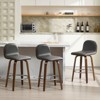 Bekrvio 26" Swivel Counter Height Bar Stools Set of 3 – Mid-Century Modern Upholstered PU Leather & Walnut Bentwood Legs, for Kitchen Island (Gray) - 3 of 4