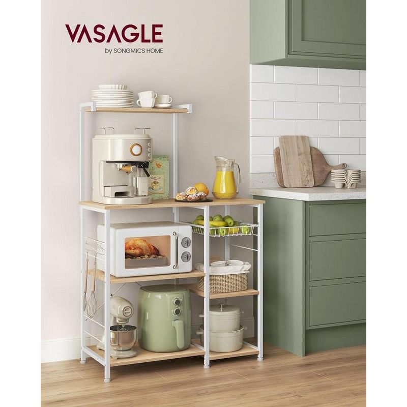 VASAGLE Baker's Rack Microwave Stand Kitchen Storage Rack with Wire Basket 6 Hooks & Shelves for Spices Pots & Pans, 2 of 8