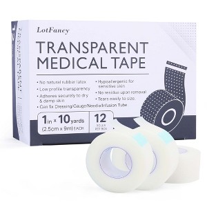 LotFancy Transparent Medical Tape, 12 Rolls 1 in x 10 Yards Adhesive Clear Hypoallergenic Surgical Tape, PE First Aid Tape - 1 of 4