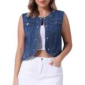 INSPIRE CHIC Women's Cropped Denim Cardigan Sleeveless Decor Pearl Jean Jacket - 1 of 4