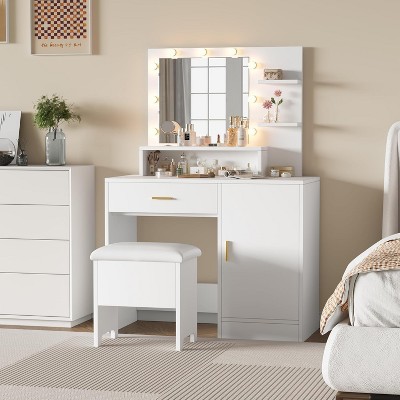 Vanity Desk with Mirror and Light Bulbs, Makeup Table with Open Shelves and Drawers
