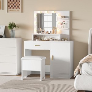 Vanity Desk with Mirror and Light Bulbs, Makeup Table with Open Shelves and Drawers - 1 of 4
