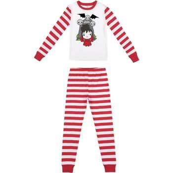 Beetlejuice Lydia And Gravestone With Skulls Youth Red and White Striped Sleep Set