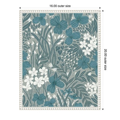 Teal and White Floral Botanical Canvas Wall Art with White Frame, 16x20