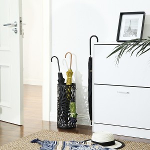 Steel Umbrella Stand with Drip Tray - Freestanding Holder for Canes & Walking Sticks, 4 Hooks, Rust-Resistant, Matte Black - 1 of 4