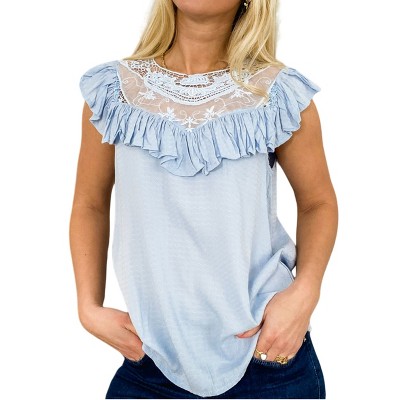 Anna-Kaci Women's Sleeveless Shirt with Lace Pattern and Relaxed Fit - X Large, Light Blue