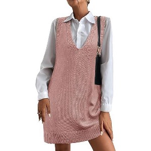 Zeagoo Womens Sweater Vest Dress Pattern Knitted Pullovers Sweaters V Neck Tank Sweater Dress with Pockets - 1 of 4