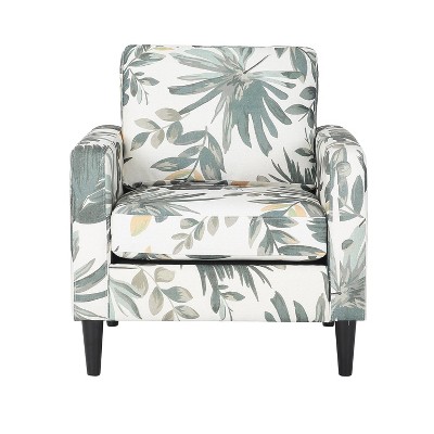 Cream and Green Floral Plush Wood Accent Chair