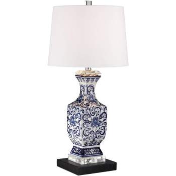 Barnes and Ivy Asian-Inspired Table Lamp 28" Tall with Square Black Marble Riser Blue White Drum Shade for Bedroom Living Room Nightstand