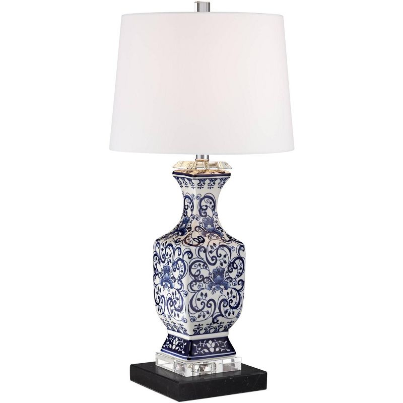 Barnes and Ivy Asian-Inspired Table Lamp 28" Tall with Square Black Marble Riser Blue White Drum Shade for Bedroom Living Room Nightstand, 1 of 8